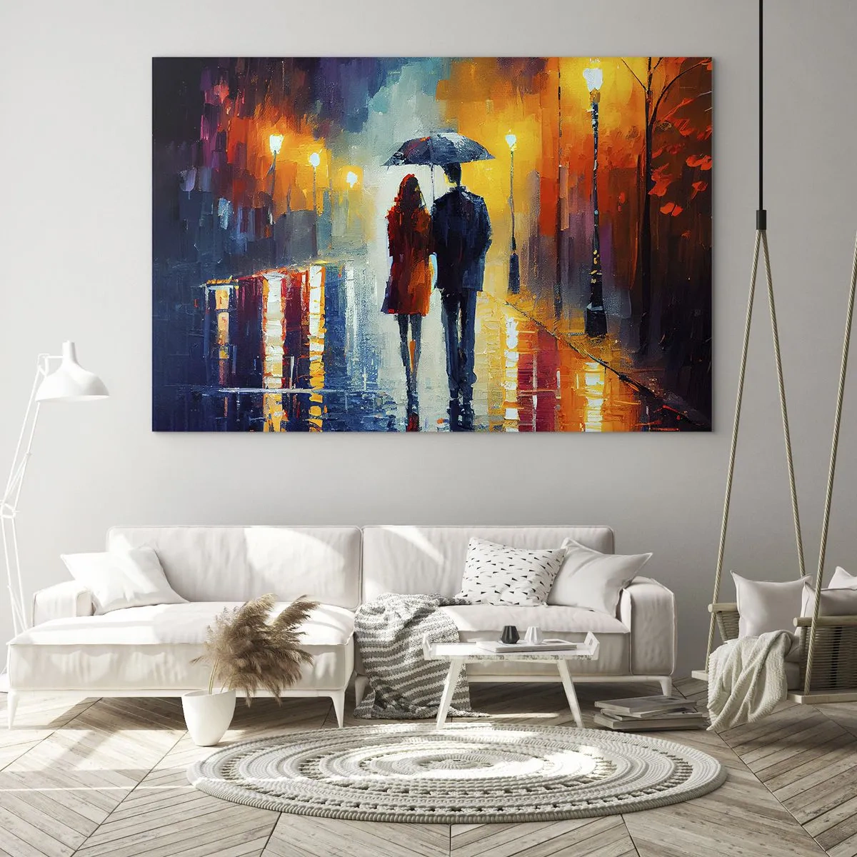 Tablou pe sticlă - Un cuplu sub o umbrelă pe o stradă colorată de noapte, în ploaie. - 70x50cm - Împreună - o noapte plină de culoare - Decorațiune modernă pentru perete pentru living și dormitor ARTTOR