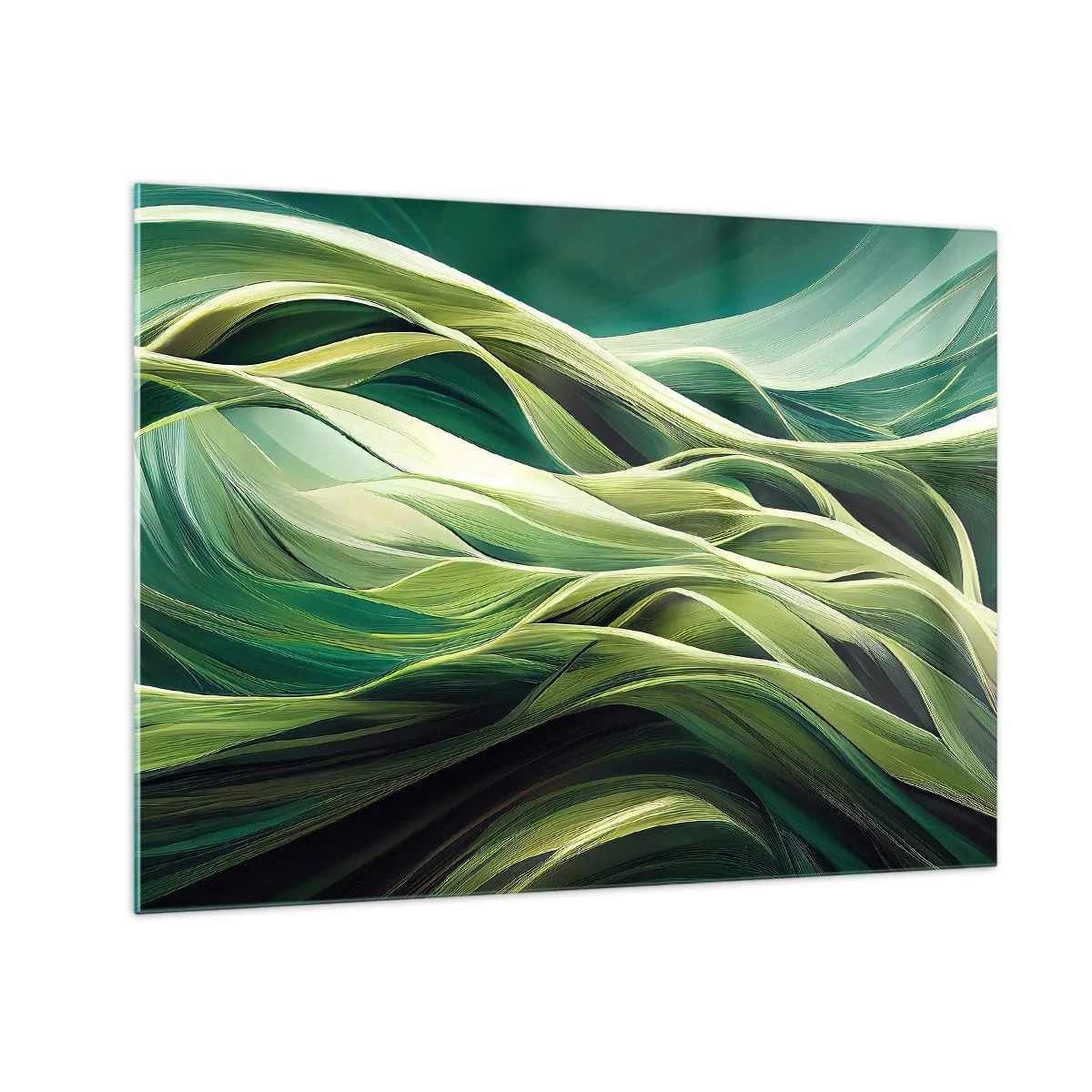 Tablou pe sticlă - Valuri verzi abstracte cu forme organice - 70x50cm - Un joc abstract de verde - Decorațiune modernă pentru perete pentru living și dormitor ARTTOR