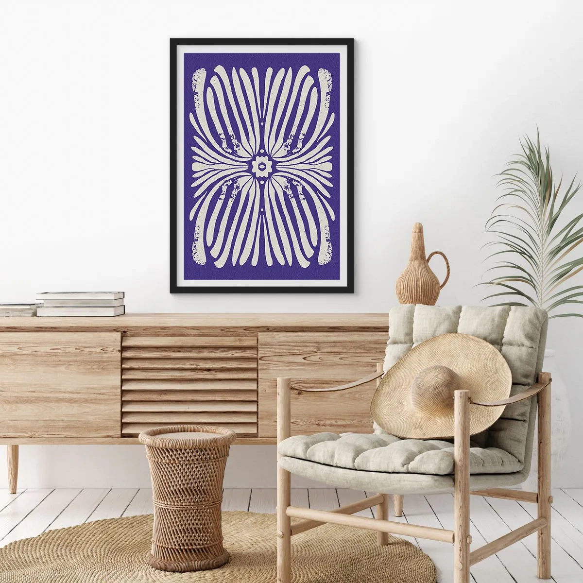 Poster în ramă neagră - Model floral retro simetric pe un fundal bleumarin - 50x70cm - Inspirații etnice - Decorațiune modernă pentru perete pentru living și dormitor ARTTOR