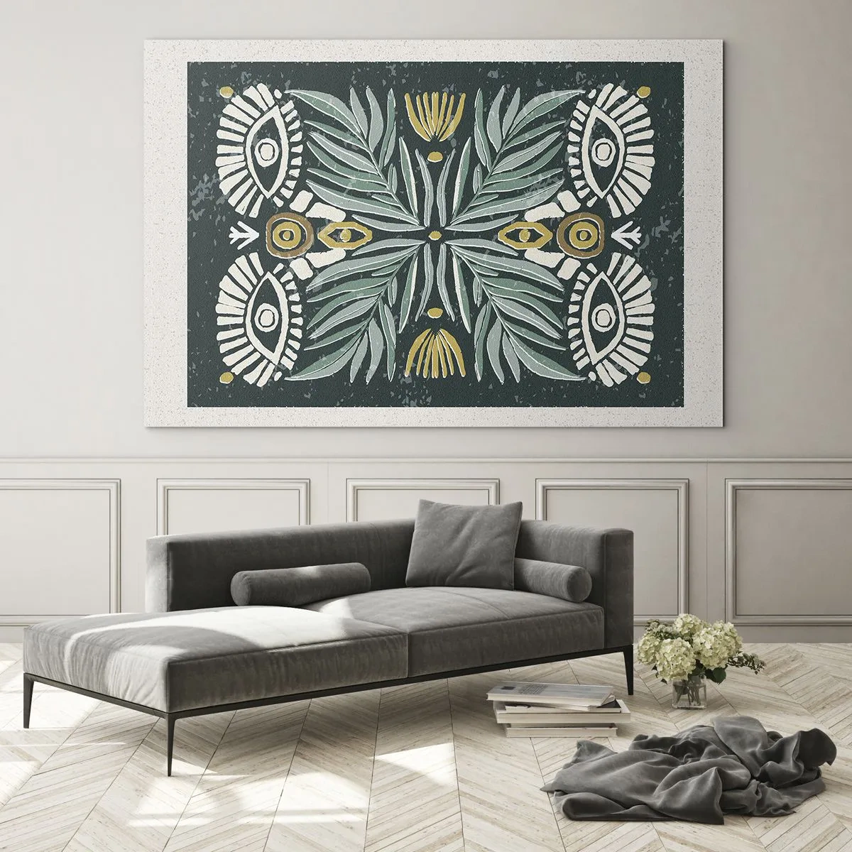 Tablou pe sticlă - O compoziție simetrică de frunze și modele în stil popular - 70x50cm - Ca un decupaj folcloric - Decorațiune modernă pentru perete pentru living și dormitor ARTTOR