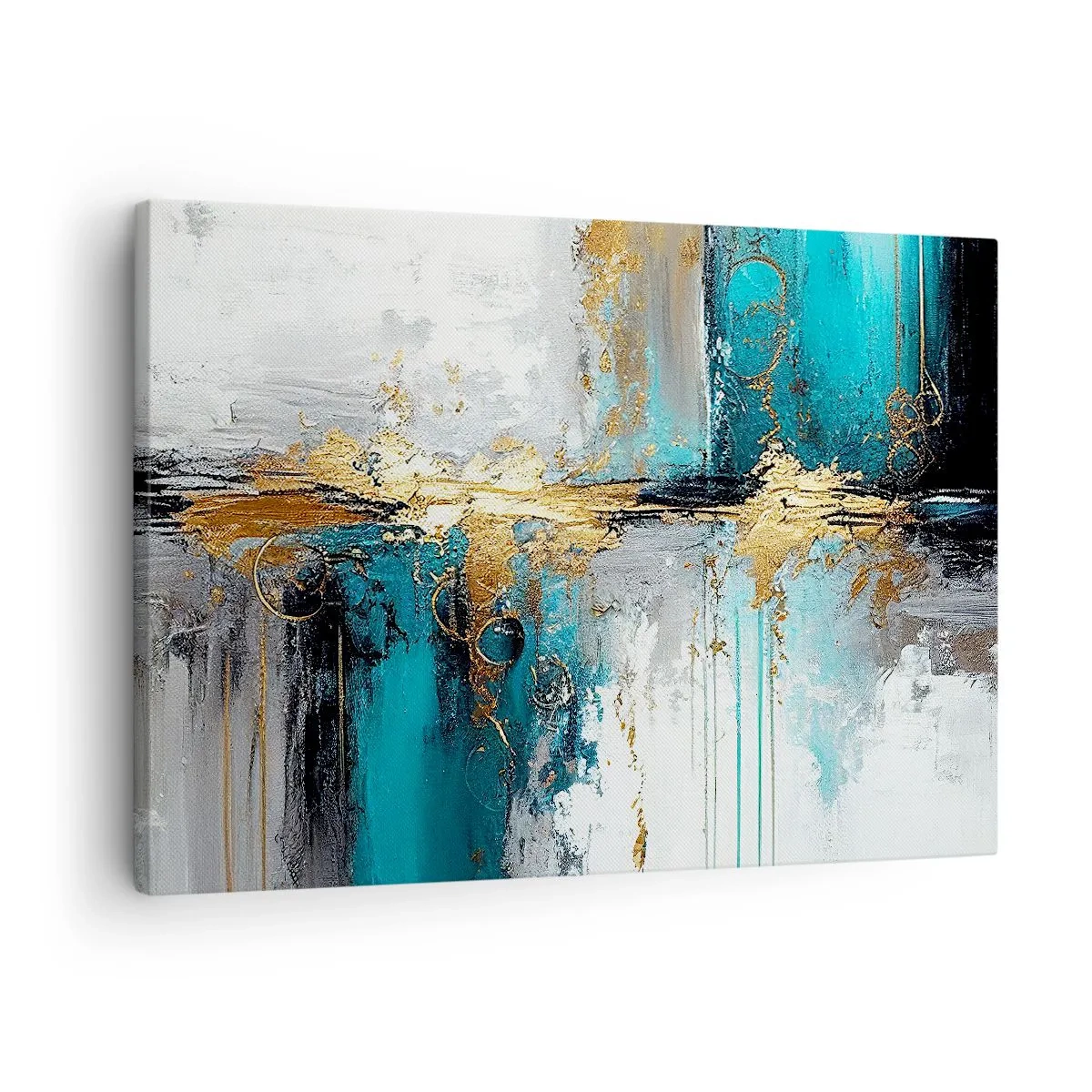Tablou pe pânză Canvas - O compoziție abstractă cu accente de turcoaz și auriu. - 70x50cm - Totul curge - Decorațiune modernă pentru perete pentru living și dormitor ARTTOR