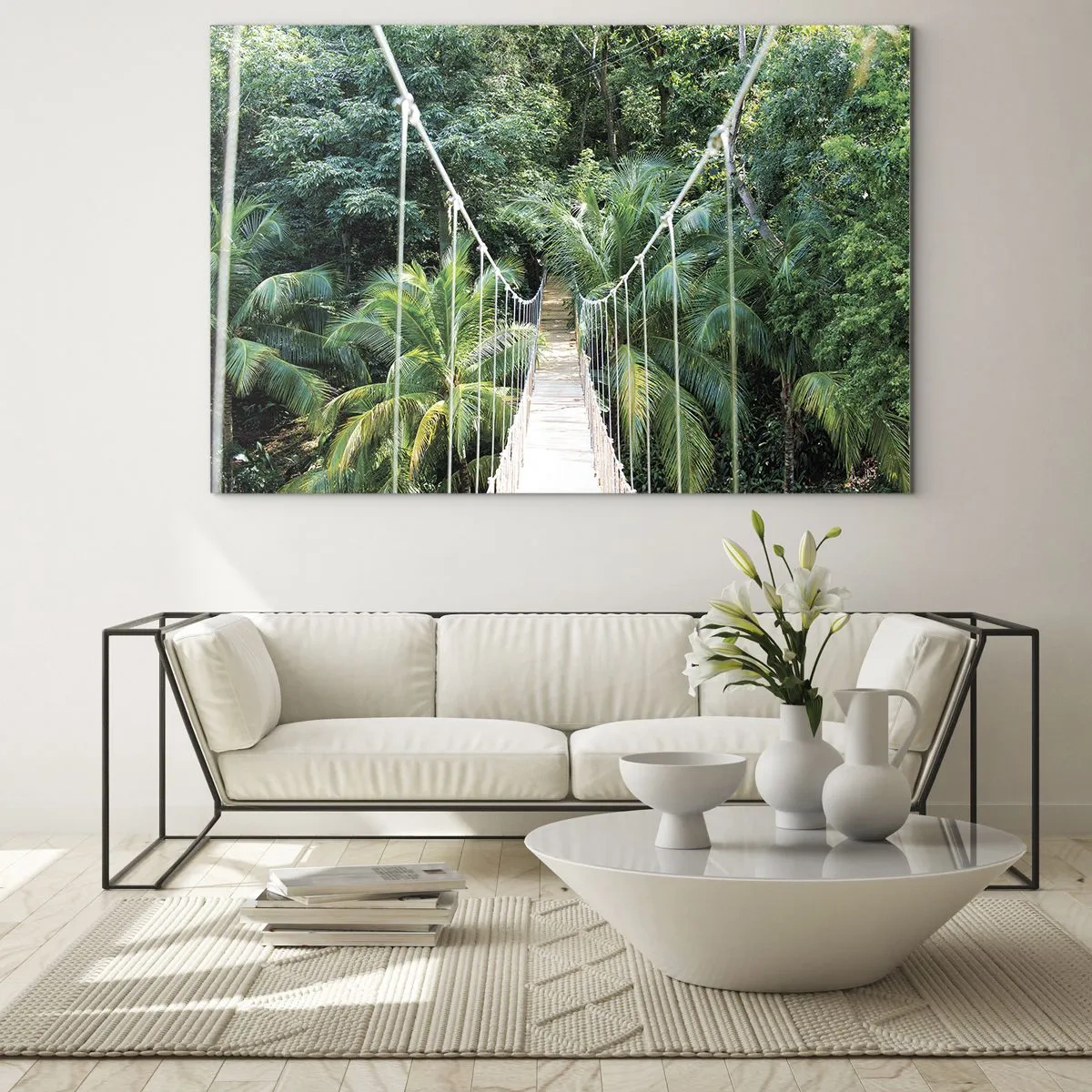 Tablou pe sticlă - Pod suspendat într-o pădure tropicală - 70x50cm - Welcome to the jungle! - Decorațiune modernă pentru perete pentru living și dormitor ARTTOR