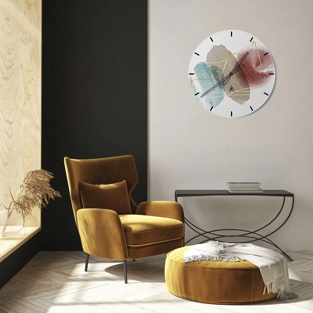 Ceas de perete - Ceas pe sticlă - Stropi de acuarelă colorate și linii aurii pe fundal alb - 30x30cm - Mărgele de spațiu - Decorațiune modernă pentru perete pentru living, bucătărie și dormitor ARTTOR