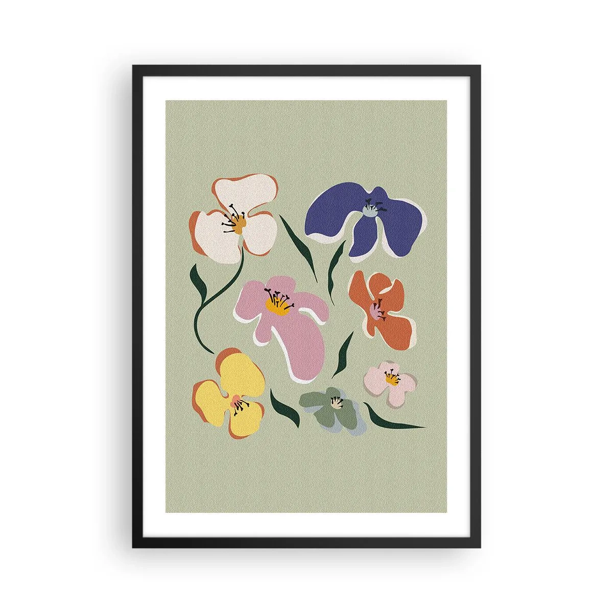 Poster în ramă neagră - Flori colorate pe un fundal verde într-un stil artistic - 50x70cm - Panseluțe colorate - Decorațiune modernă pentru perete pentru living și dormitor ARTTOR