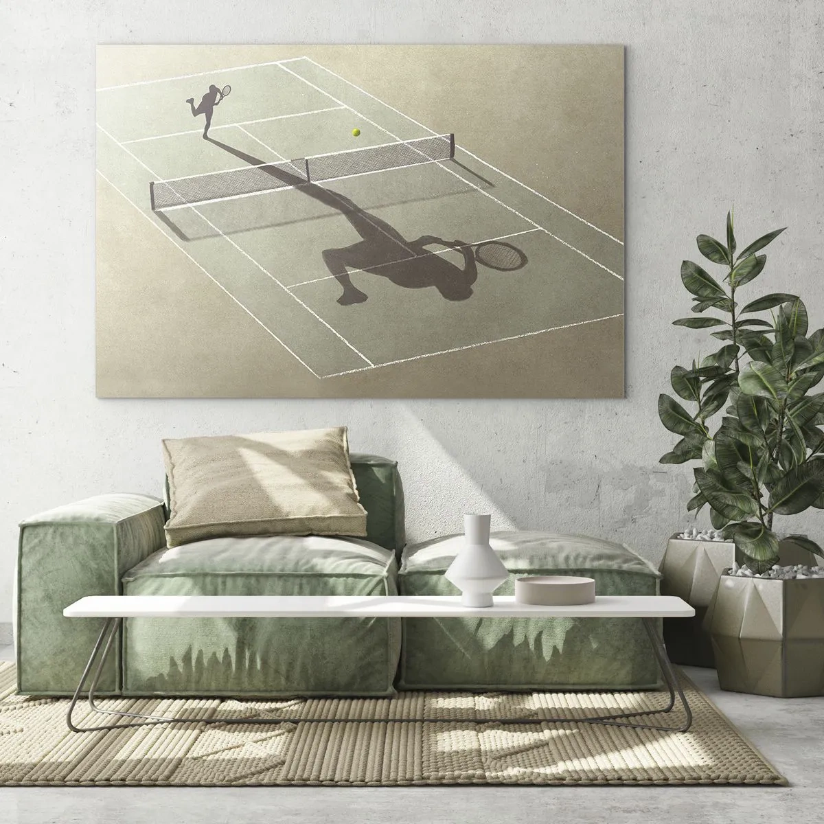 Tablou pe sticlă - Figura unui jucător de tenis și umbra sa pe teren în timpul unui serviciu - 70x50cm - Învinge-te pe tine însuți - Decorațiune modernă pentru perete pentru living și dormitor ARTTOR