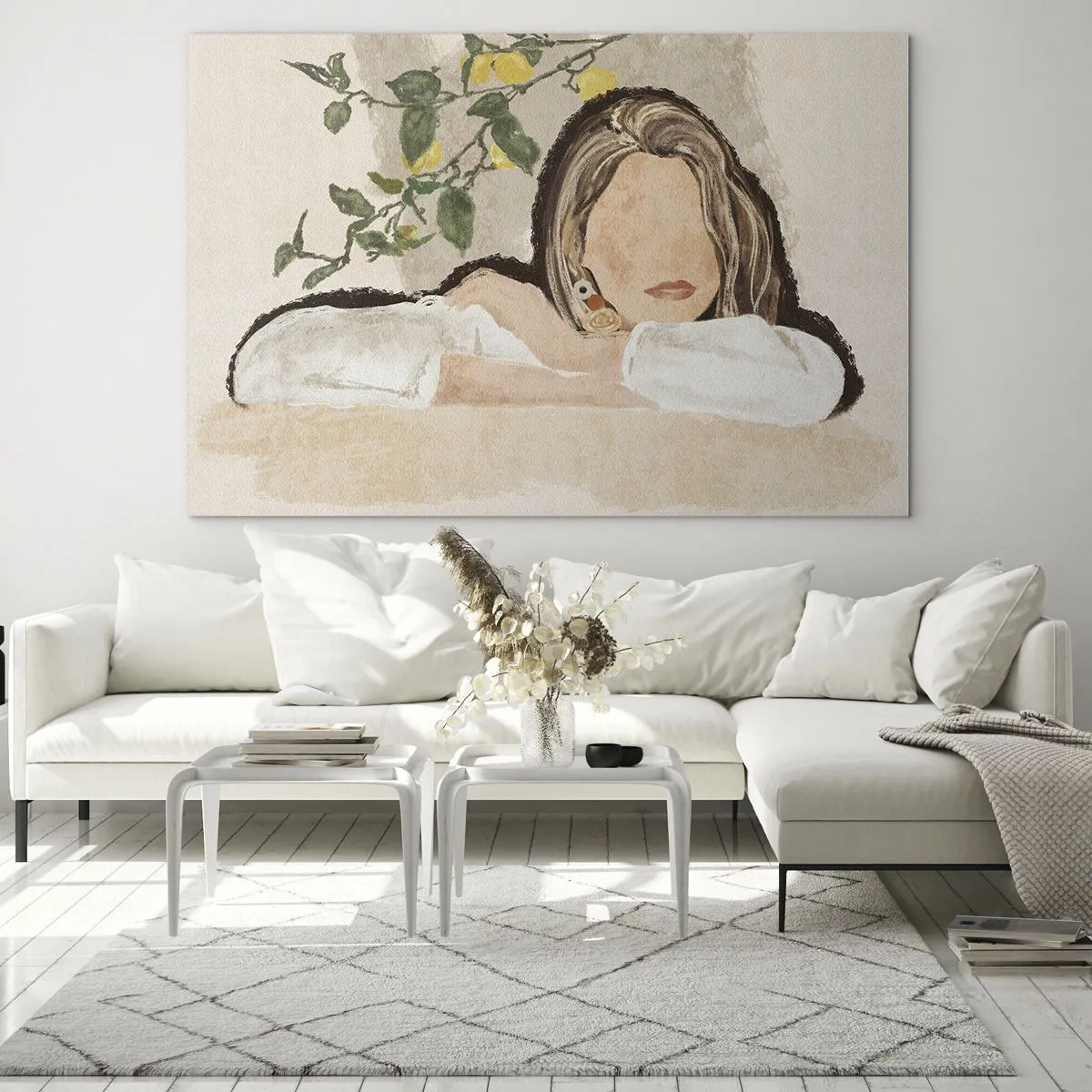 Tablou pe sticlă - O femeie rezemată de o masă printre ramurile unui lămâi, cu o față lipsită de trăsături. - 70x50cm - Frumusețea sudului - Decorațiune modernă pentru perete pentru living și dormitor ARTTOR