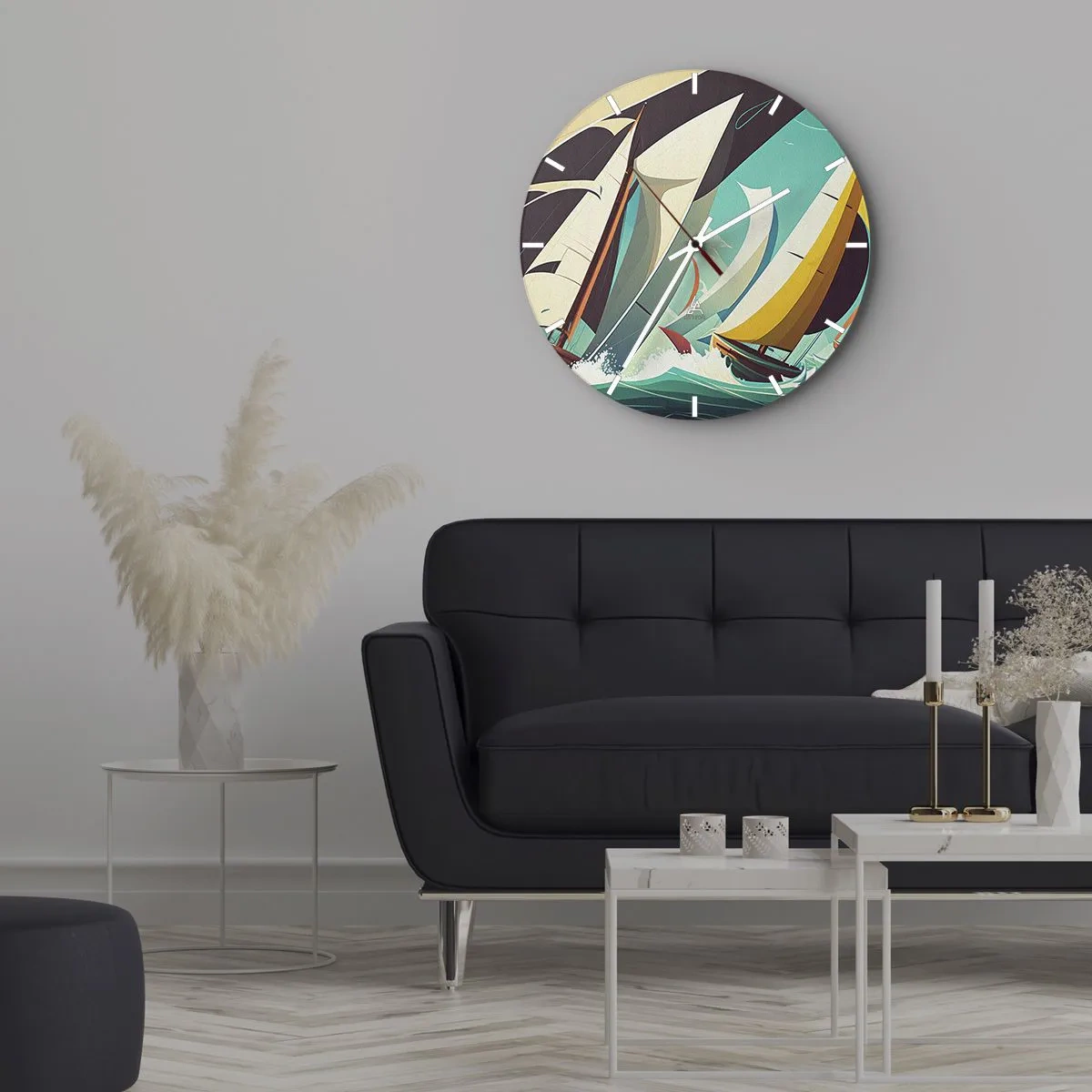 Ceas de perete - Ceas pe sticlă - Bărci cu pânze în stil grafic pe o mare turcoaz furtunoasă - 30x30cm - Voinici și învingători - Decorațiune modernă pentru perete pentru living, bucătărie și dormitor ARTTOR