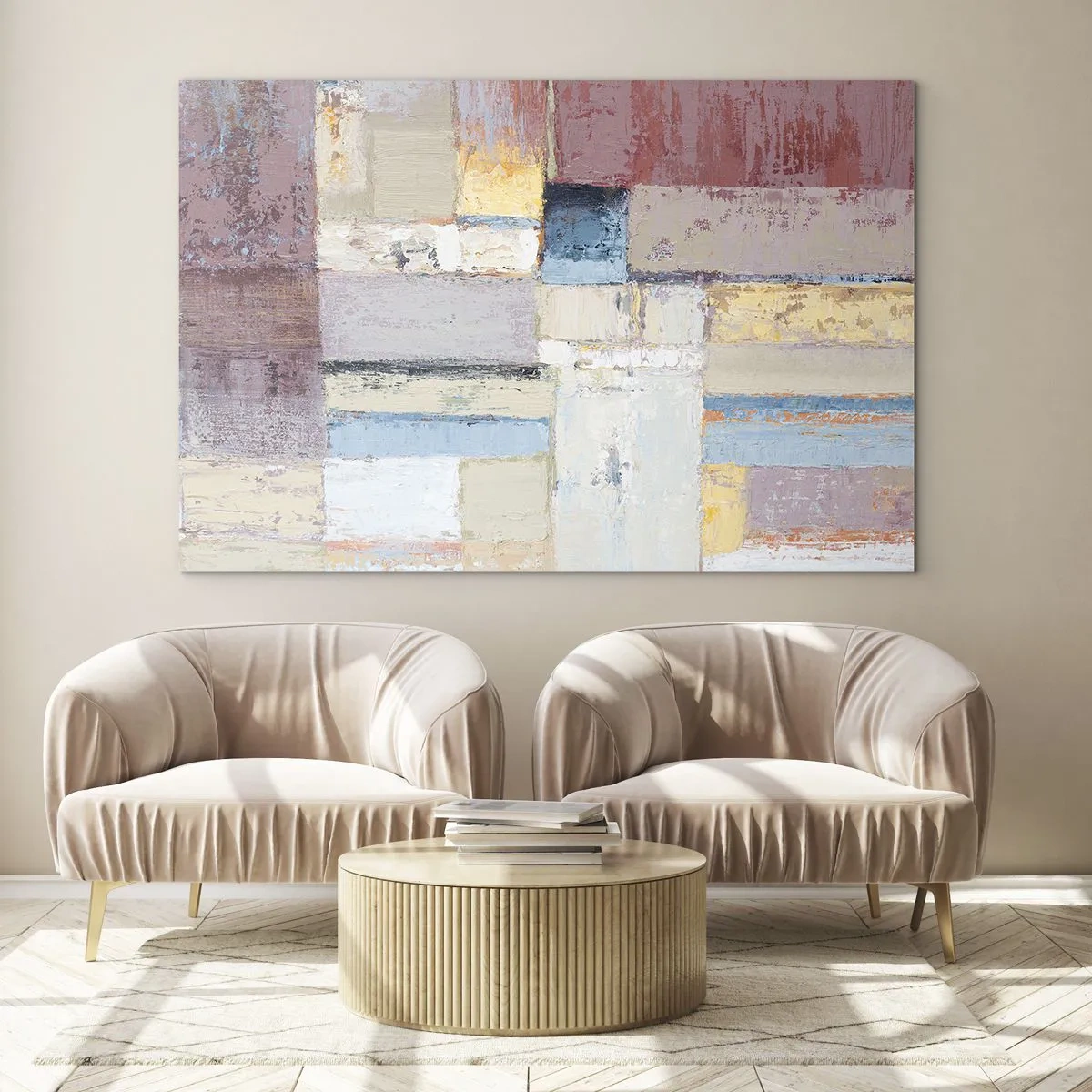 Tablou pe sticlă - Compoziție geometrică abstractă în culori pastelate - 70x50cm - Liniștea geometriei - Decorațiune modernă pentru perete pentru living și dormitor ARTTOR
