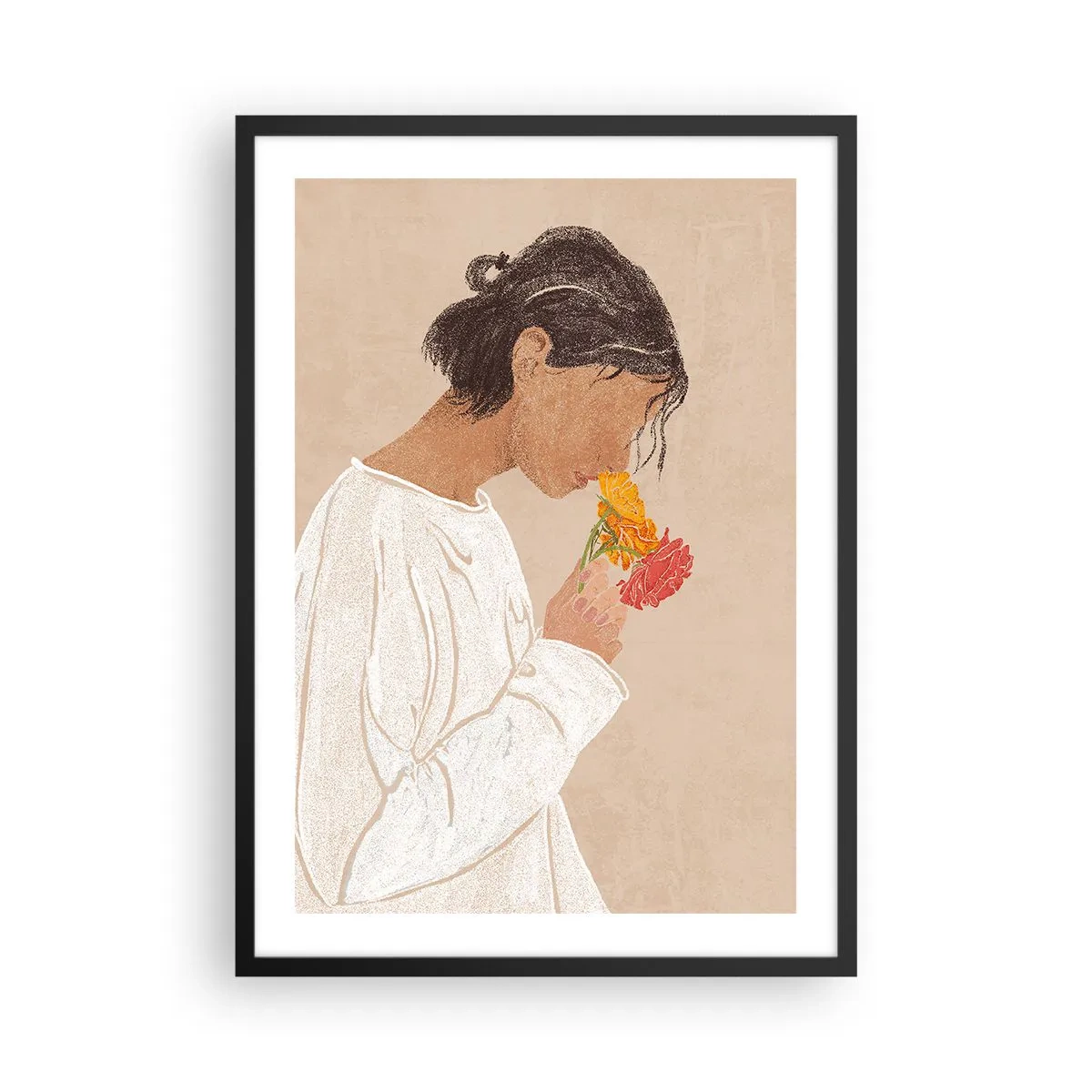 Poster în ramă neagră - O femeie în alb reflectând asupra florilor - 50x70cm - Fată și floare - Decorațiune modernă pentru perete pentru living și dormitor ARTTOR