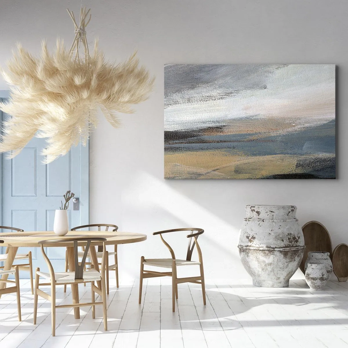 Tablou pe pânză Canvas - Peisaj abstract în nuanțe subtile de albastru și bej - 70x50cm - Abstracție: peisaj nordic - Decorațiune modernă pentru perete pentru living și dormitor ARTTOR