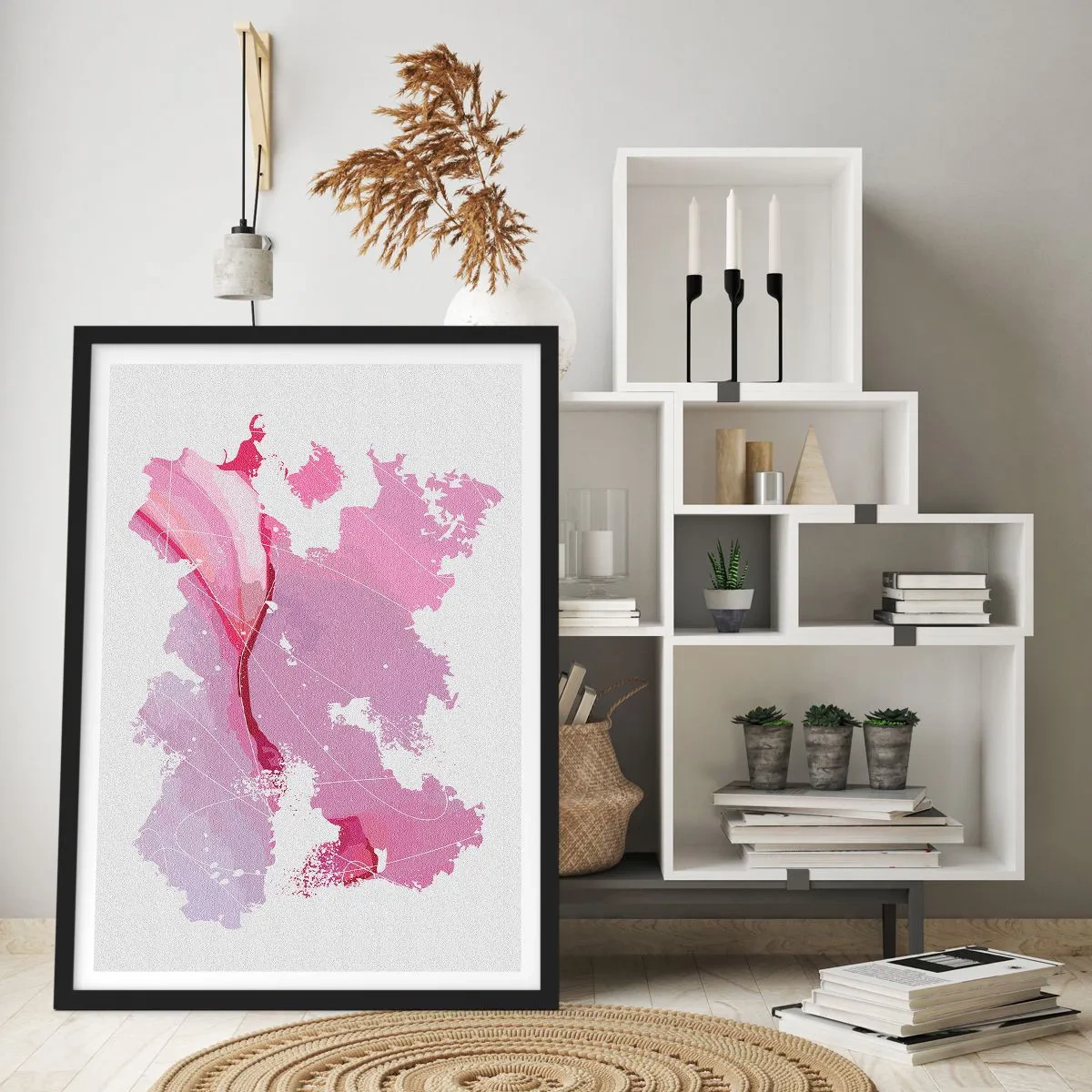Poster în ramă neagră - Hartă abstractă în nuanțe de roz și violet - 50x70cm - Harta unei lumi roz - Decorațiune modernă pentru perete pentru living și dormitor ARTTOR