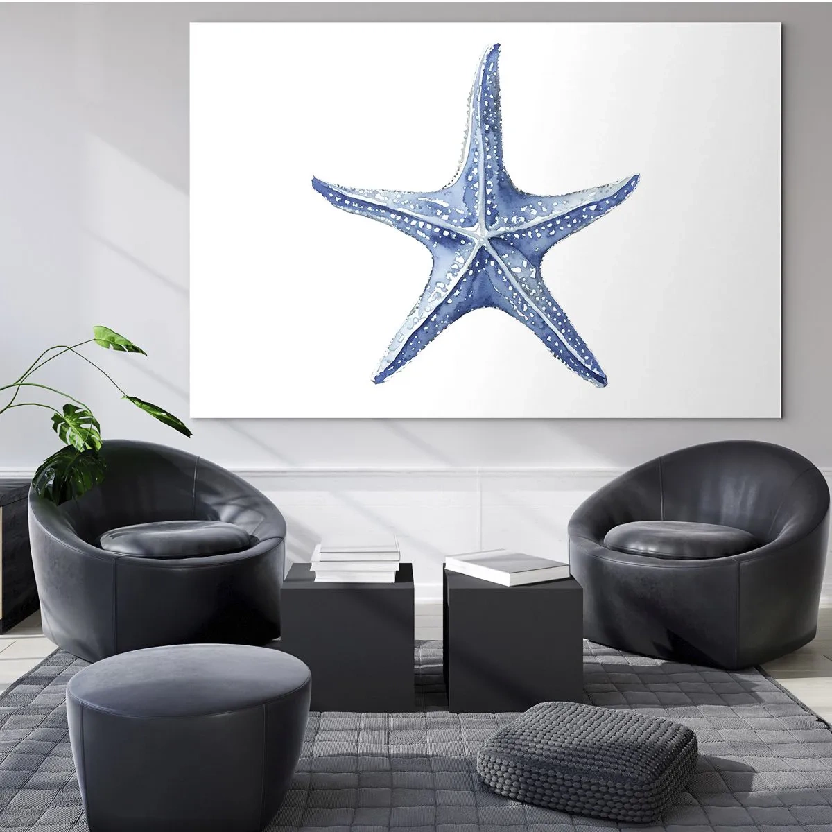 Tablou pe sticlă - Stea de mare albastră pe fundal alb în stil acuarelă - 70x50cm - Steaua mării - Decorațiune modernă pentru perete pentru living și dormitor ARTTOR
