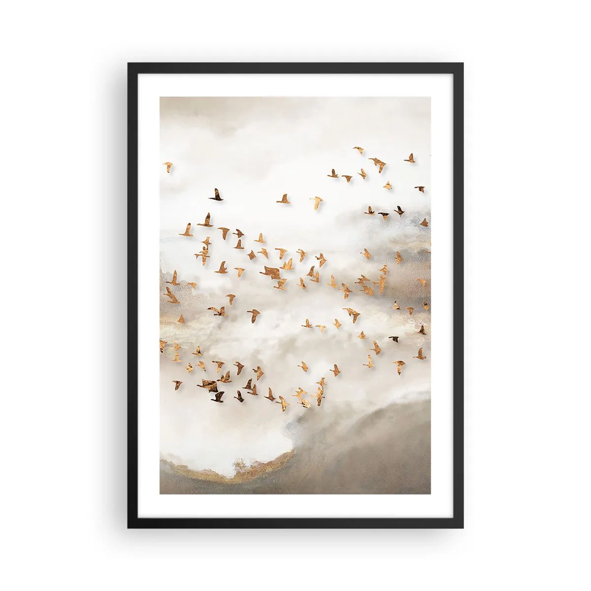 Poster în ramă neagră - Un stol de păsări plutind printre norii încețoșați - 50x70cm - A sosit timpul... - Decorațiune modernă pentru perete pentru living și dormitor ARTTOR