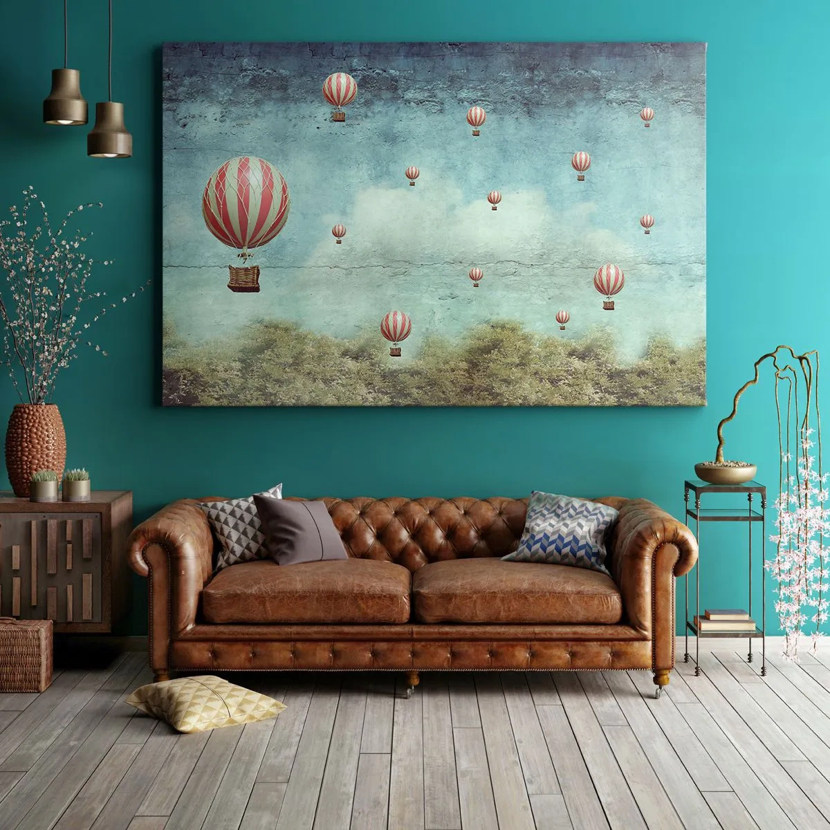 Tablou pe pânză Canvas - Baloane retro pe un fundal de cer albastru și verdeață - 70x50cm - Liber de agitația vieții - Decorațiune modernă pentru perete pentru living și dormitor ARTTOR