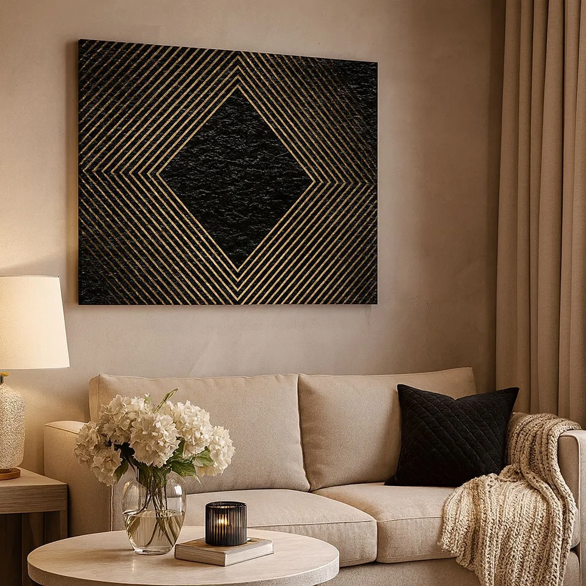 Tablou pe pânză Canvas - Fundal negru cu un model geometric de linii aurii - 70x50cm - Geometrie în stil glamour - Decorațiune modernă pentru perete pentru living și dormitor ARTTOR