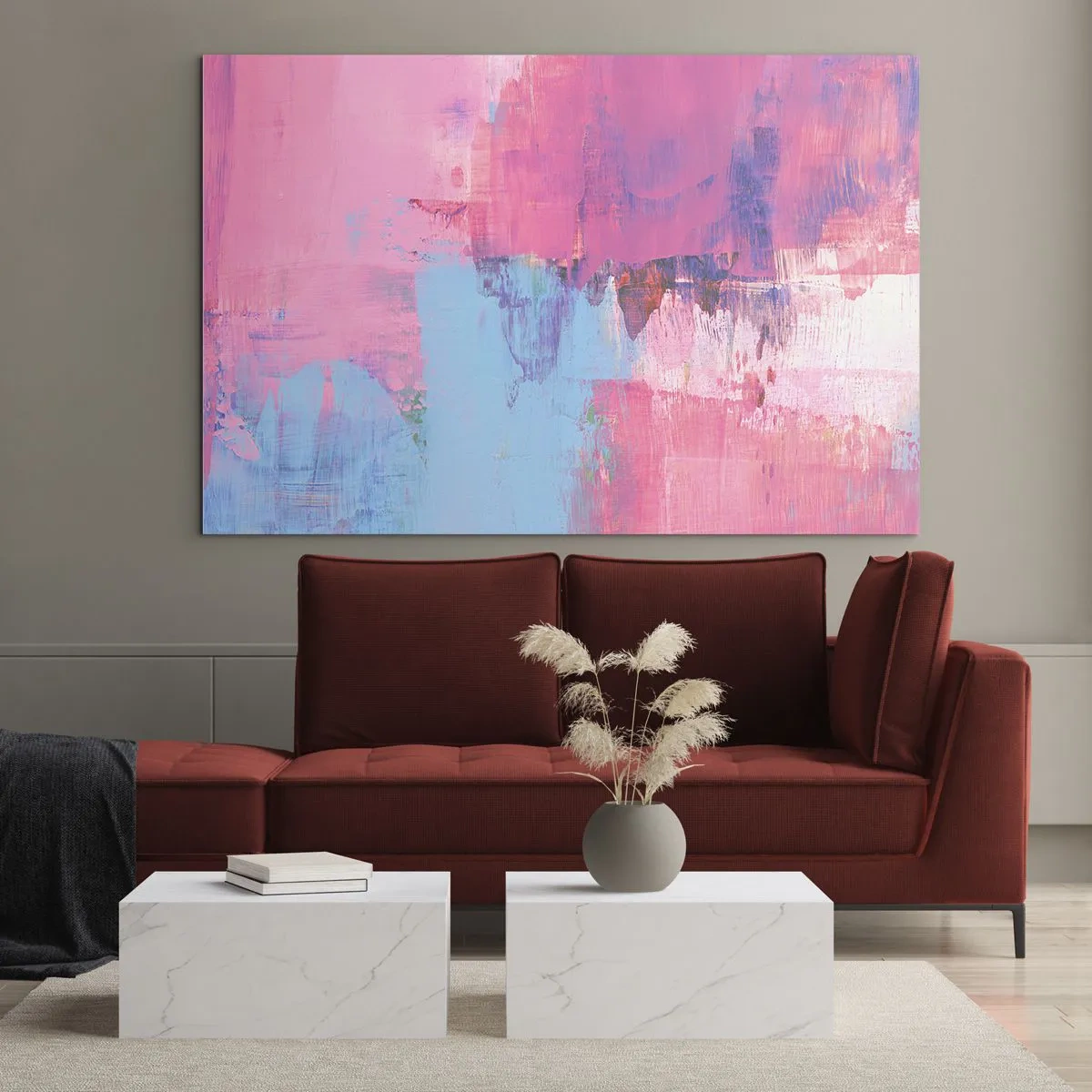 Tablou pe sticlă - Abstracție energetică în nuanțe de roz și albastru - 70x50cm - Roz, albastru și un strop de lumină - Decorațiune modernă pentru perete pentru living și dormitor ARTTOR