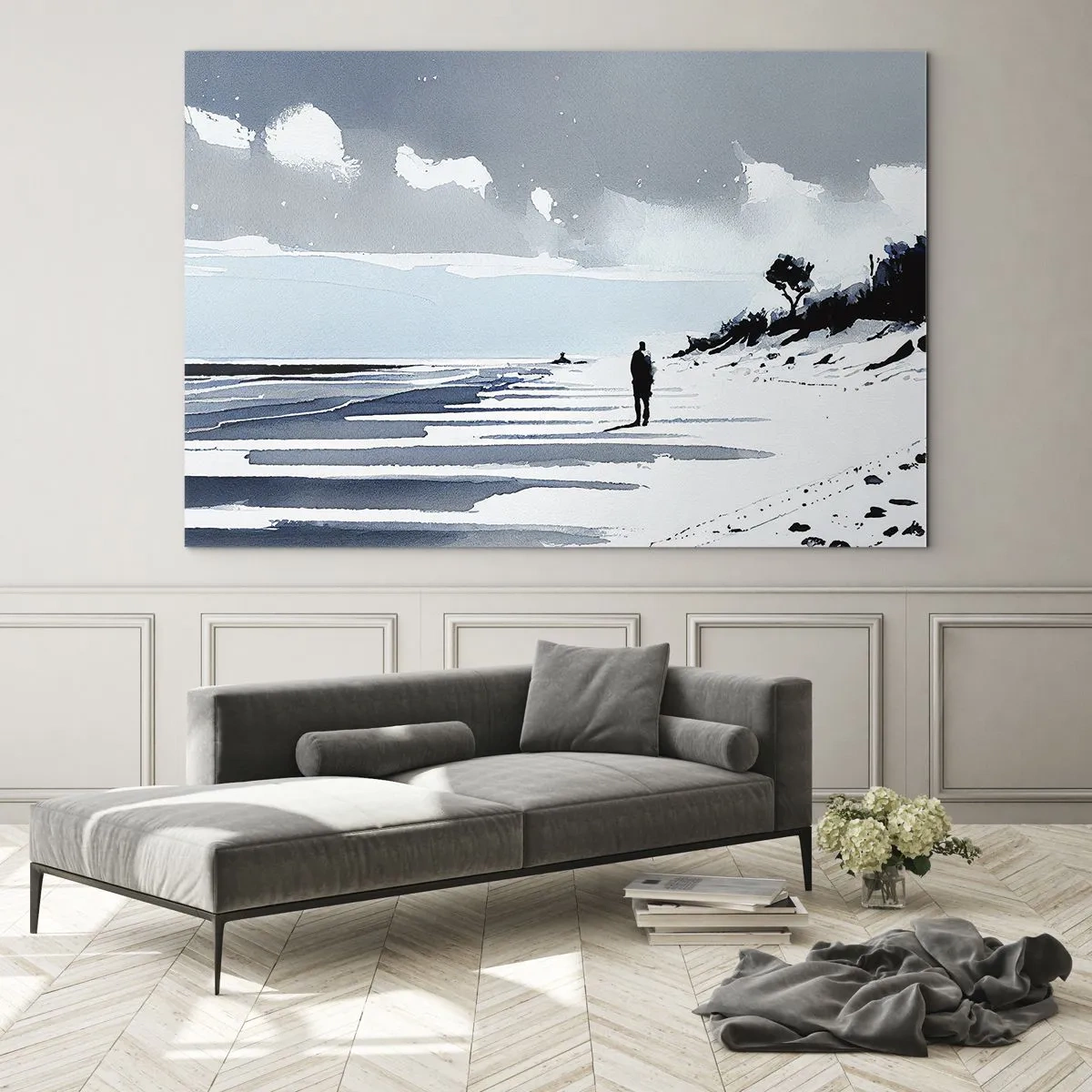Tablou pe sticlă - Silueta unei persoane singuratice care merge pe o plajă goală - 70x50cm - Singuratic - Decorațiune modernă pentru perete pentru living și dormitor ARTTOR