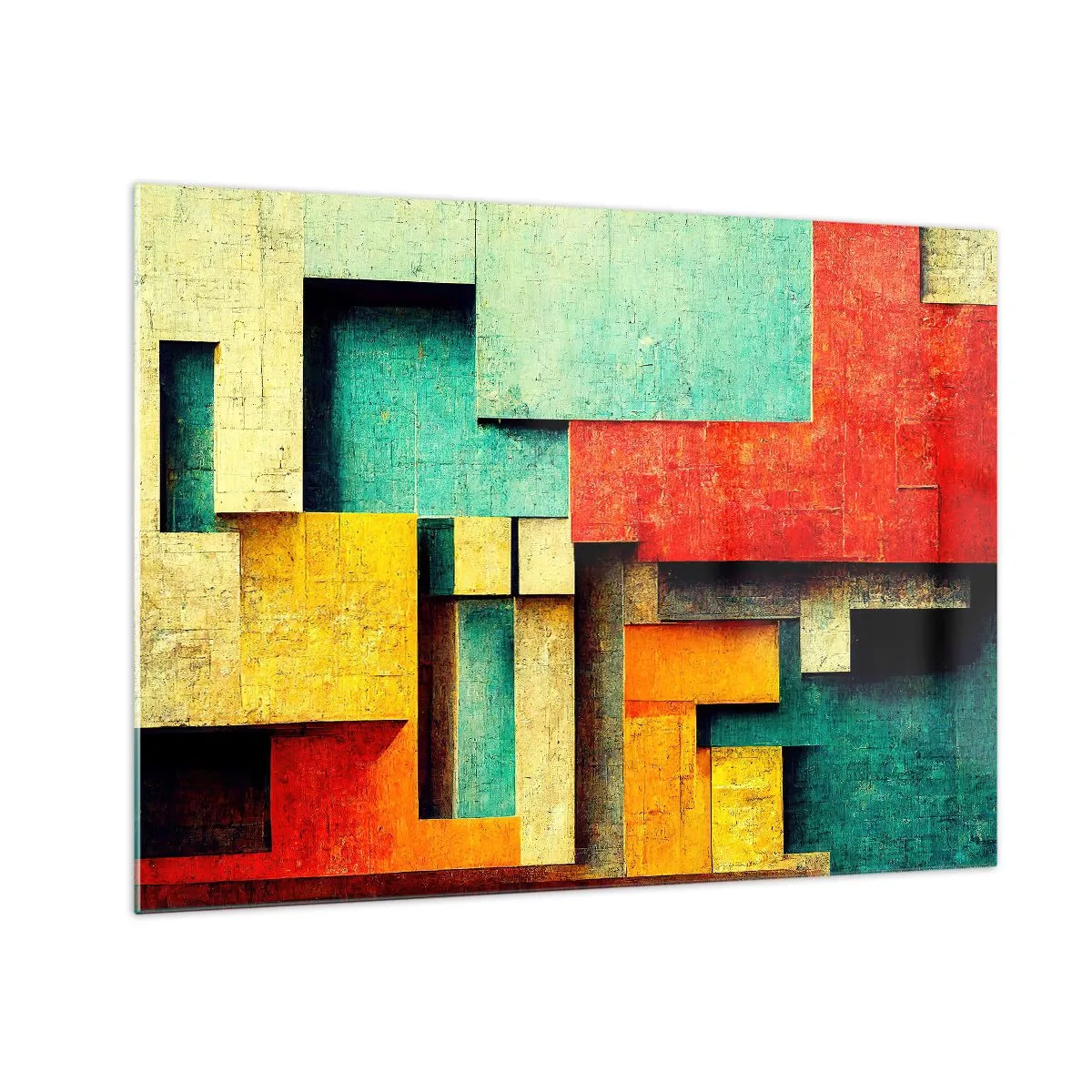 Tablou pe sticlă - Abstracție geometrică colorată realizată din dreptunghiuri - 70x50cm - Festival de unghiuri drepte - Decorațiune modernă pentru perete pentru living și dormitor ARTTOR