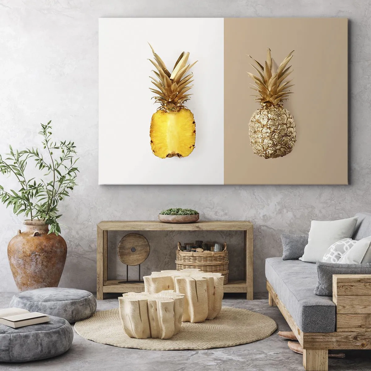 Tablou pe pânză Canvas - Jumătate de ananas proaspăt, auriu, pe un fundal contrastant - 70x50cm - Ananas de împărțit - Decorațiune modernă pentru perete pentru living și dormitor ARTTOR