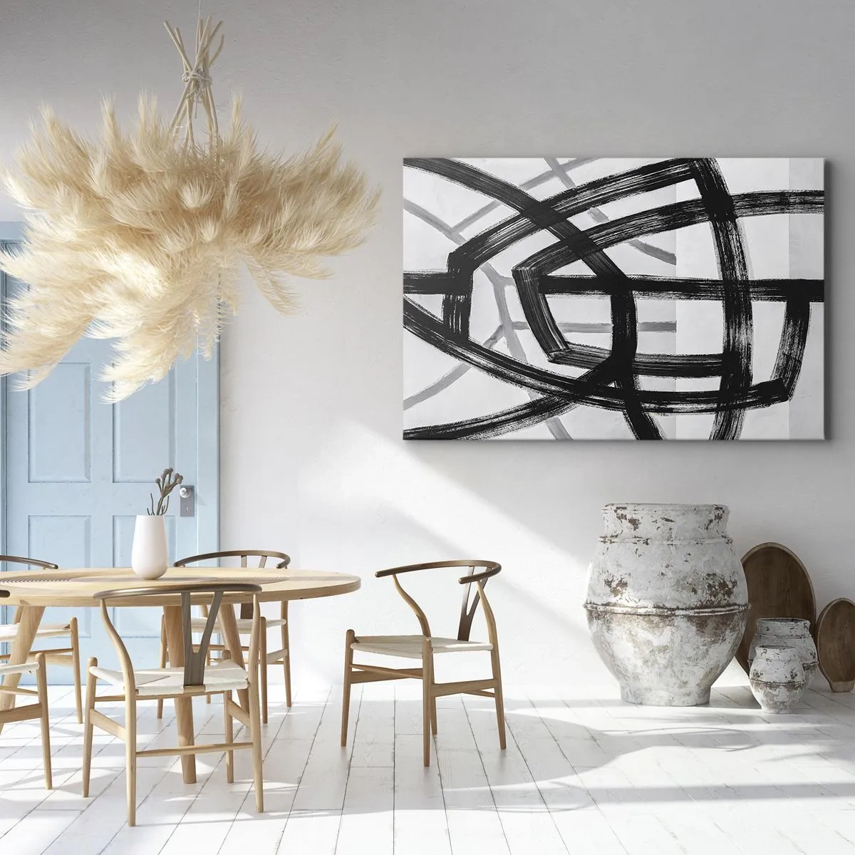 Tablou pe pânză Canvas - Linii abstracte alb-negru care se intersectează pe un fundal deschis - 70x50cm - Construind adâncimea - Decorațiune modernă pentru perete pentru living și dormitor ARTTOR
