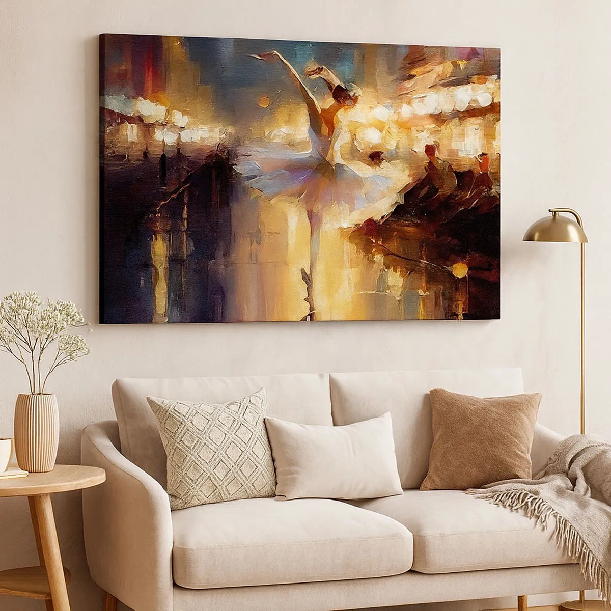 Tablou pe pânză Canvas - O balerină dansând în fața unei scene luminate - 70x50cm - Un miracol în stradă - Decorațiune modernă pentru perete pentru living și dormitor ARTTOR
