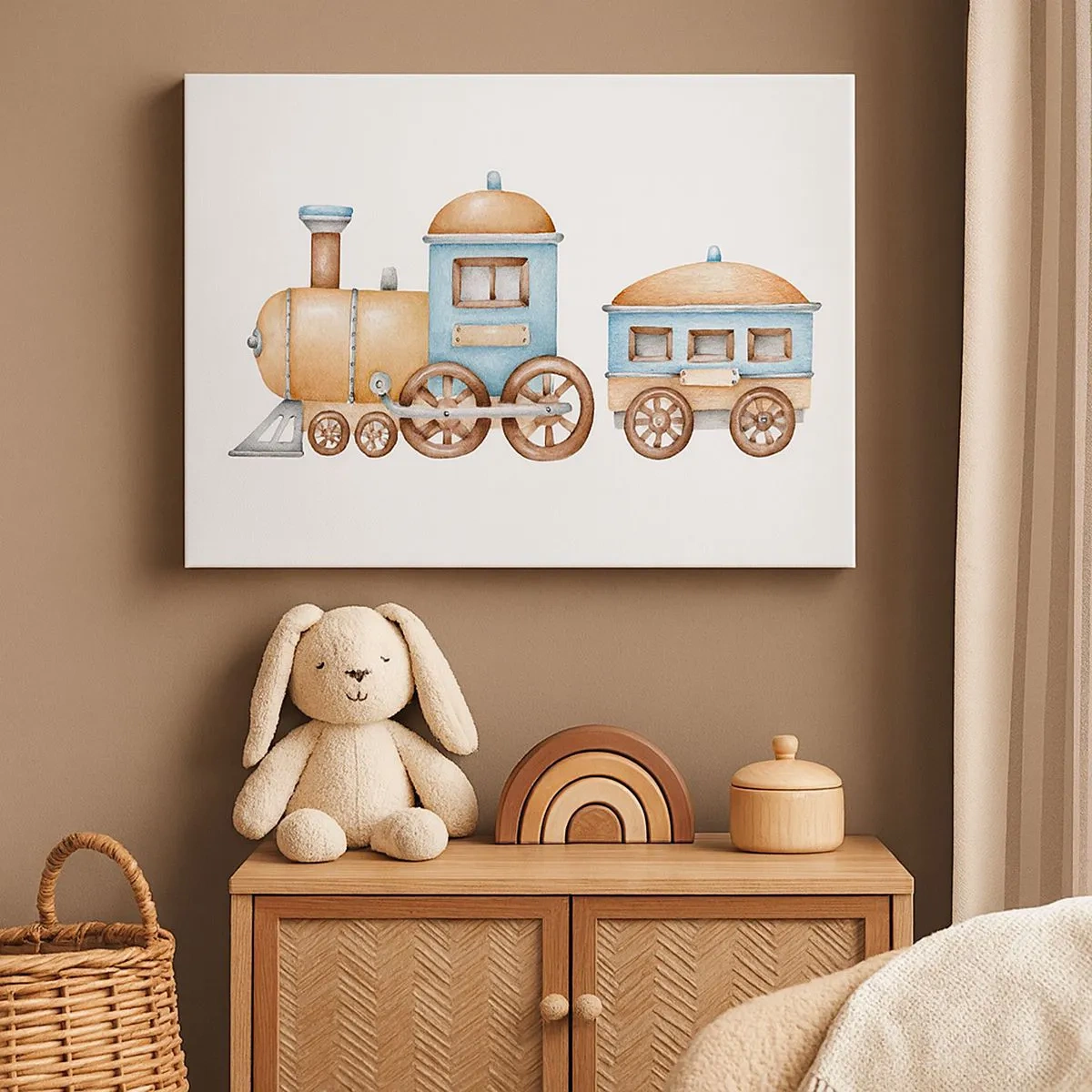 Tablou pe pânză Canvas - Desen al unui tren în nuanțe pastelate pe fundal alb - 70x50cm - Trenulețul din copilărie - Decorațiune modernă pentru perete pentru living și dormitor ARTTOR