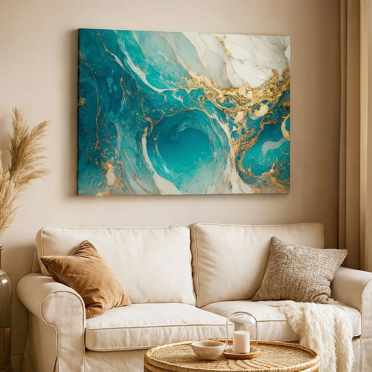 Tablou pe pânză Canvas - O compoziție abstractă în nuanțe de turcoaz și auriu. - 70x50cm - Compoziție cu vene aurii - Decorațiune modernă pentru perete pentru living și dormitor ARTTOR