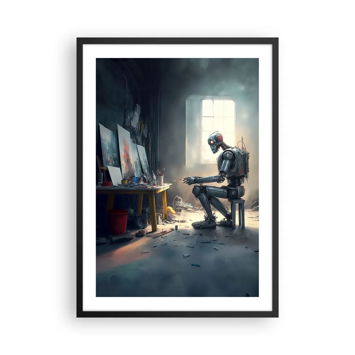 Poster în ramă neagră - Artist robot pictează tablouri în studioul său - 50x70cm - Actul de creație - Decorațiune modernă pentru perete pentru living și dormitor ARTTOR