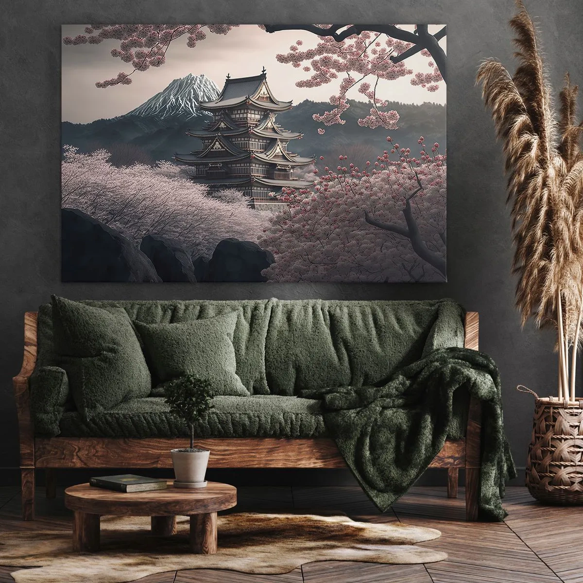 Tablou pe pânză Canvas - Un templu japonez înconjurat de flori de cireș și munți - 70x50cm - Țara florilor de cireș - Decorațiune modernă pentru perete pentru living și dormitor ARTTOR