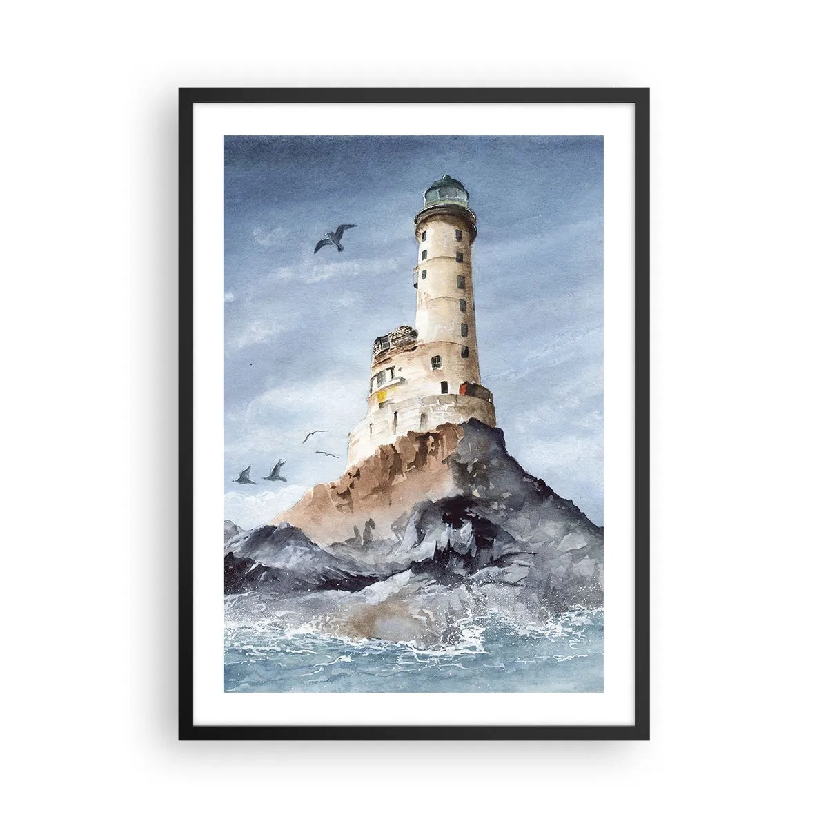 Poster în ramă neagră - O pictură în acuarelă a unui far pe o coastă stâncoasă - 50x70cm - Invincibil - Decorațiune modernă pentru perete pentru living și dormitor ARTTOR