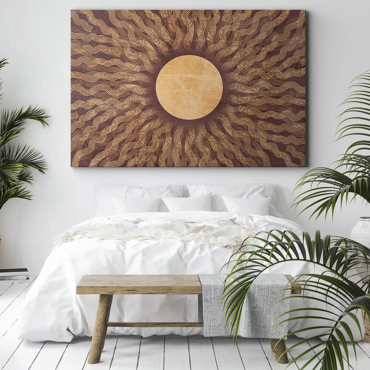 Tablou pe pânză Canvas - Model însorit cu raze pe un fundal în nuanțe de maro - 70x50cm - Icoana soarelui - Decorațiune modernă pentru perete pentru living și dormitor ARTTOR
