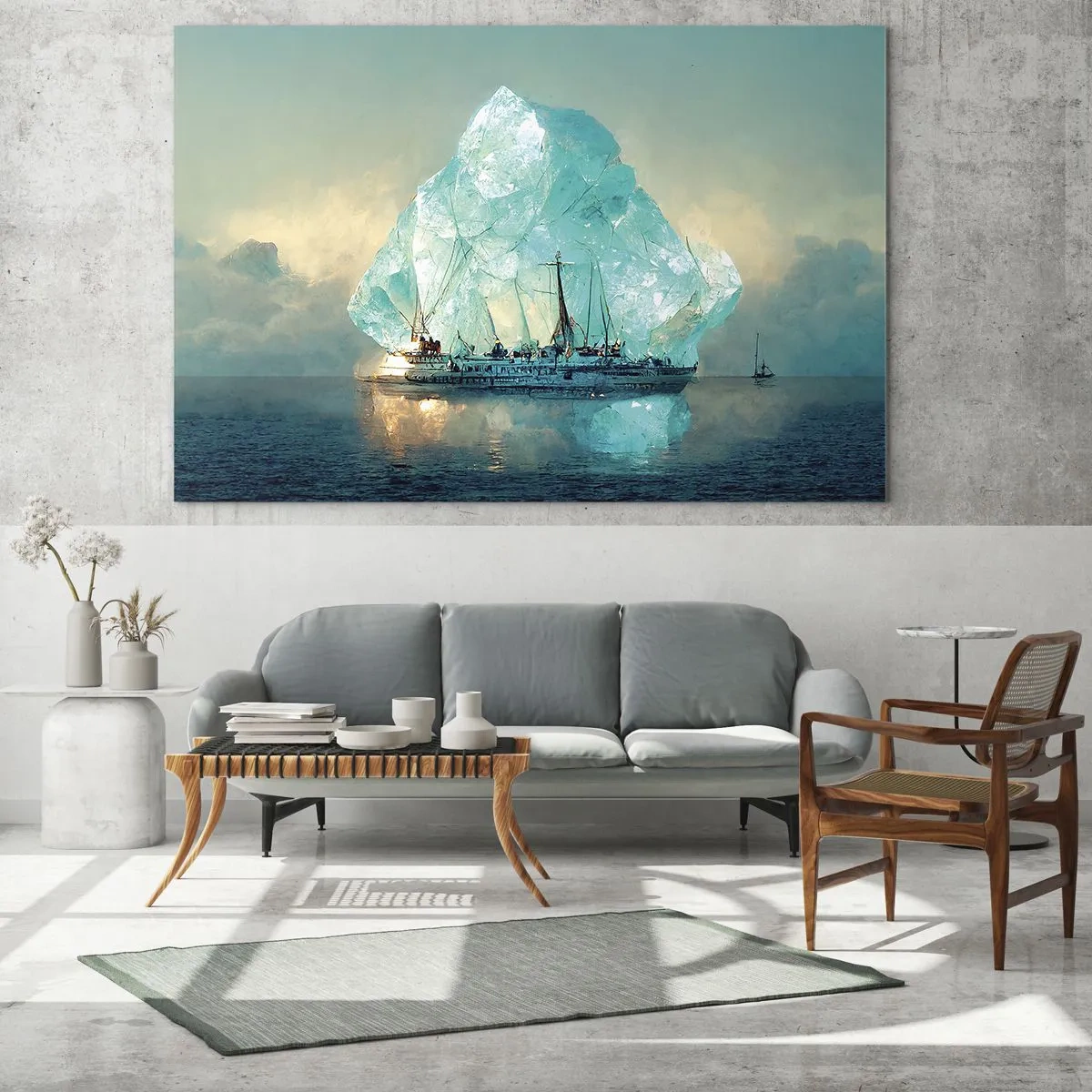 Tablou pe sticlă - O corabie cu pânze în fața unui ghețar imens în lumina arctică. - 70x50cm - Diamant arctic - Decorațiune modernă pentru perete pentru living și dormitor ARTTOR