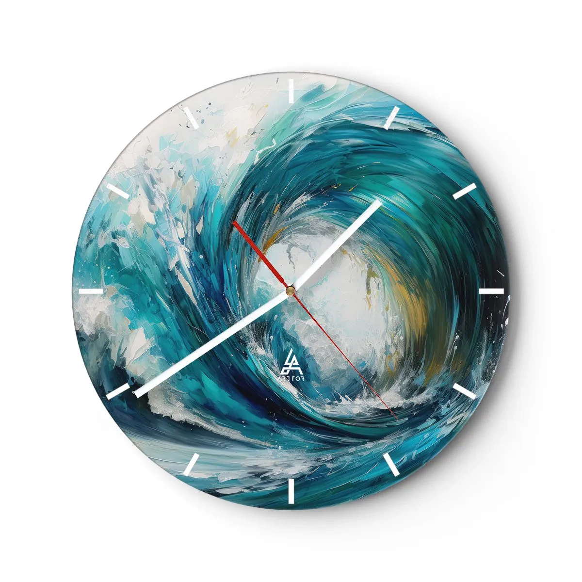 Ceas de perete - Ceas pe sticlă - Un val dinamic al mării care se învârte în culori turcoaz - 30x30cm - Portal maritim - Decorațiune modernă pentru perete pentru living, bucătărie și dormitor ARTTOR