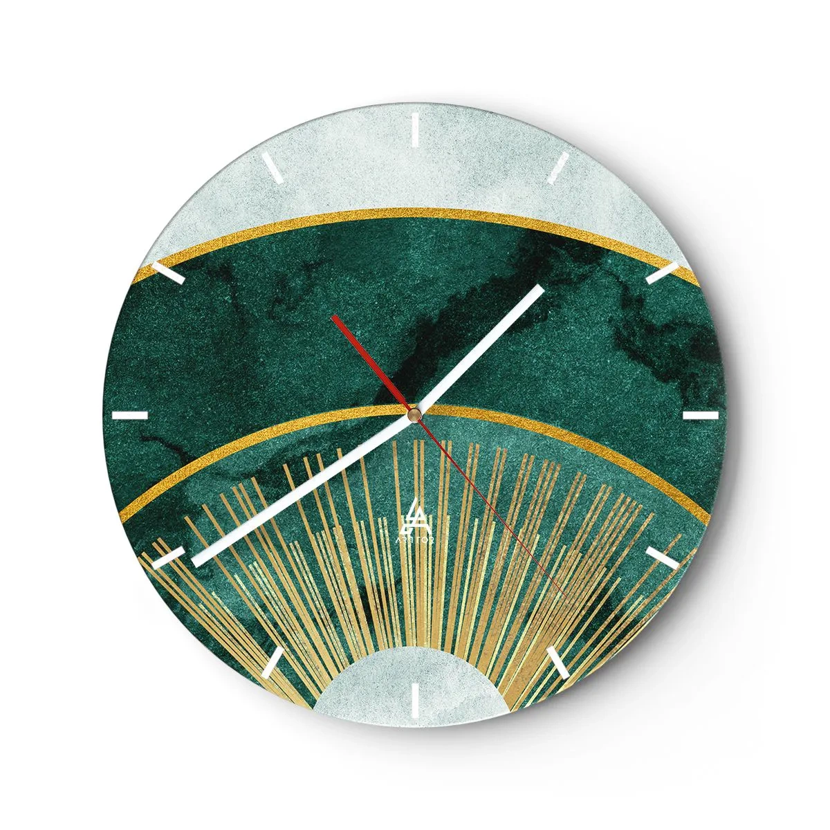 Ceas de perete - Ceas pe sticlă - Grafică verde și aurie cu raze care amintesc de un răsărit de soare - 30x30cm - Un alt sistem solar - Decorațiune modernă pentru perete pentru living, bucătărie și dormitor ARTTOR