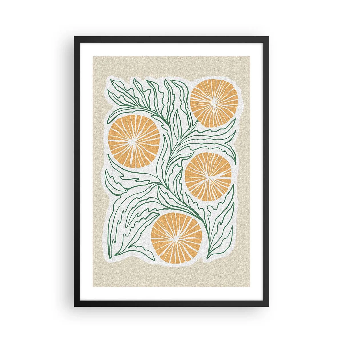 Poster în ramă neagră - Compoziție abstractă de frunze și portocale pe un fundal bej - 50x70cm - Etnic cu o notă de abstracție - Decorațiune modernă pentru perete pentru living și dormitor ARTTOR