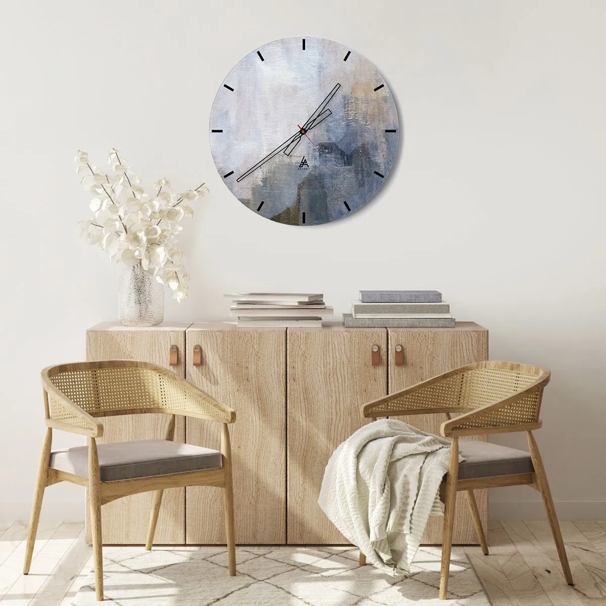 Ceas de perete - Ceas pe sticlă - Compoziție abstractă în nuanțe de albastru și gri - 30x30cm - Tonuri și acorduri de culoare - Decorațiune modernă pentru perete pentru living, bucătărie și dormitor ARTTOR
