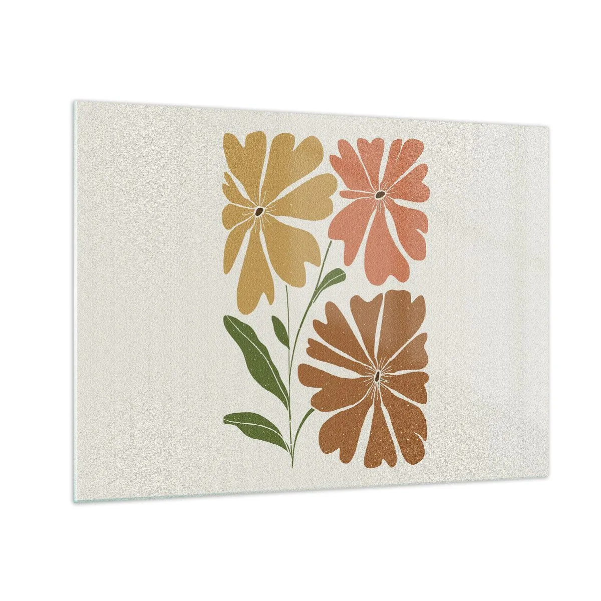 Tablou pe sticlă - Trei flori stilizate în culori calde pe un fundal deschis - 70x50cm - Natură și geometrie - Decorațiune modernă pentru perete pentru living și dormitor ARTTOR