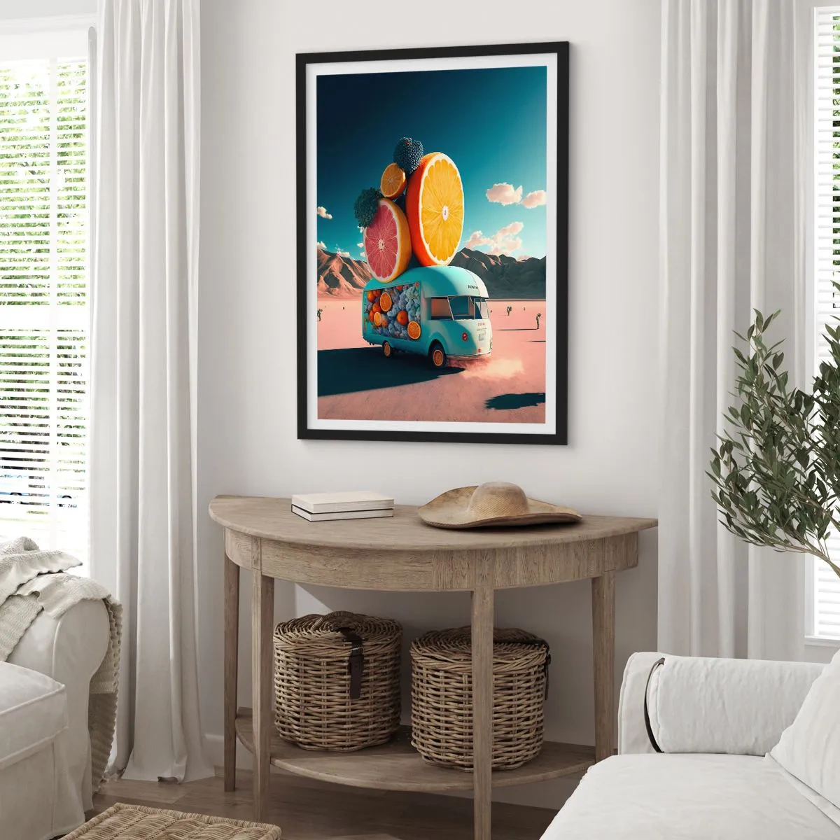 Poster în ramă neagră - Camion elegant cu fructe în deșert - 50x70cm - Gustul vacanței - Decorațiune modernă pentru perete pentru living și dormitor ARTTOR