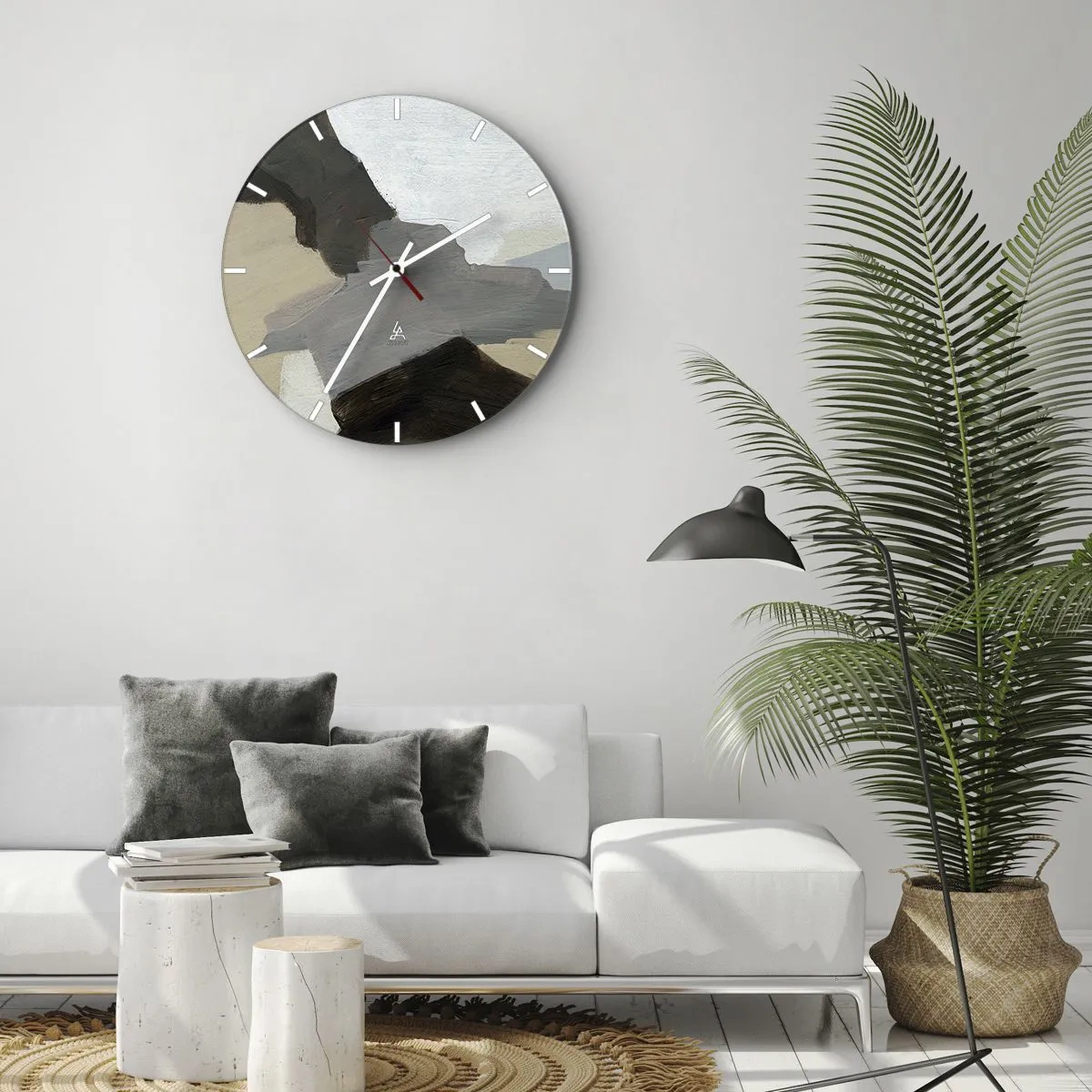 Ceas de perete - Ceas pe sticlă - Compoziție abstractă în nuanțe de gri și bej - 30x30cm - Abstracție: despărțirile griului - Decorațiune modernă pentru perete pentru living, bucătărie și dormitor ARTTOR