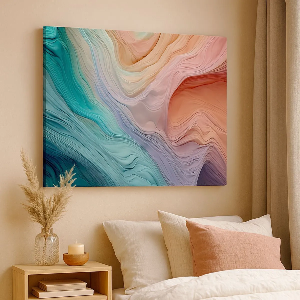 Tablou pe pânză Canvas - Valuri abstracte în culori pastelate și curcubeu - 70x50cm - Valul curcubeu - Decorațiune modernă pentru perete pentru living și dormitor ARTTOR