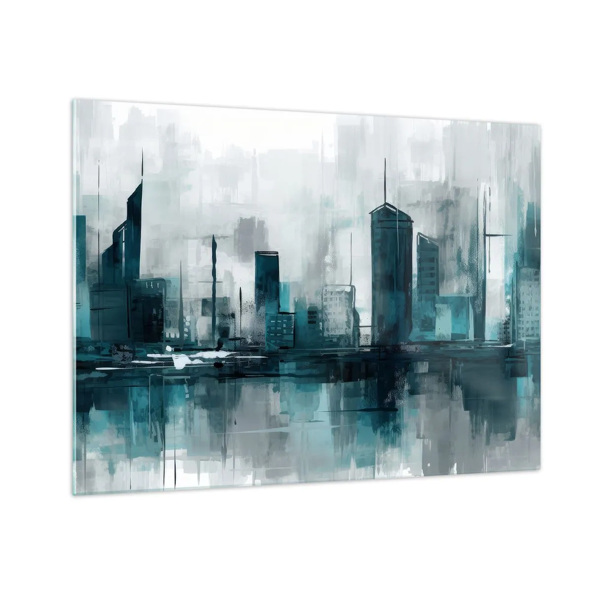 Tablou pe sticlă - Un oraș modern în nuanțe de albastru și gri - 70x50cm - Un oraș de culoarea ploii - Decorațiune modernă pentru perete pentru living și dormitor ARTTOR