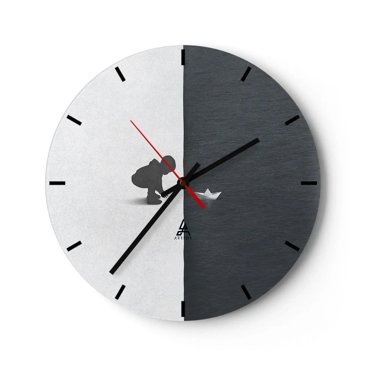 Ceas de perete - Ceas pe sticlă - Silueta unui copil cu o barcă de hârtie pe un fundal contrastant - 30x30cm - Marea expediție - Decorațiune modernă pentru perete pentru living, bucătărie și dormitor ARTTOR