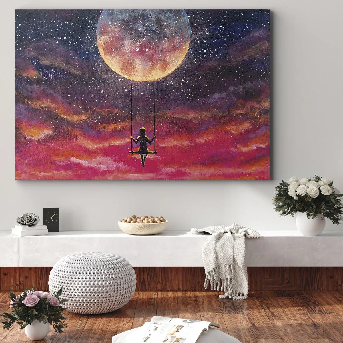 Tablou pe pânză Canvas - O figură pe un leagăn suspendată pe lună - 70x50cm - Cu capul în nori - Decorațiune modernă pentru perete pentru living și dormitor ARTTOR