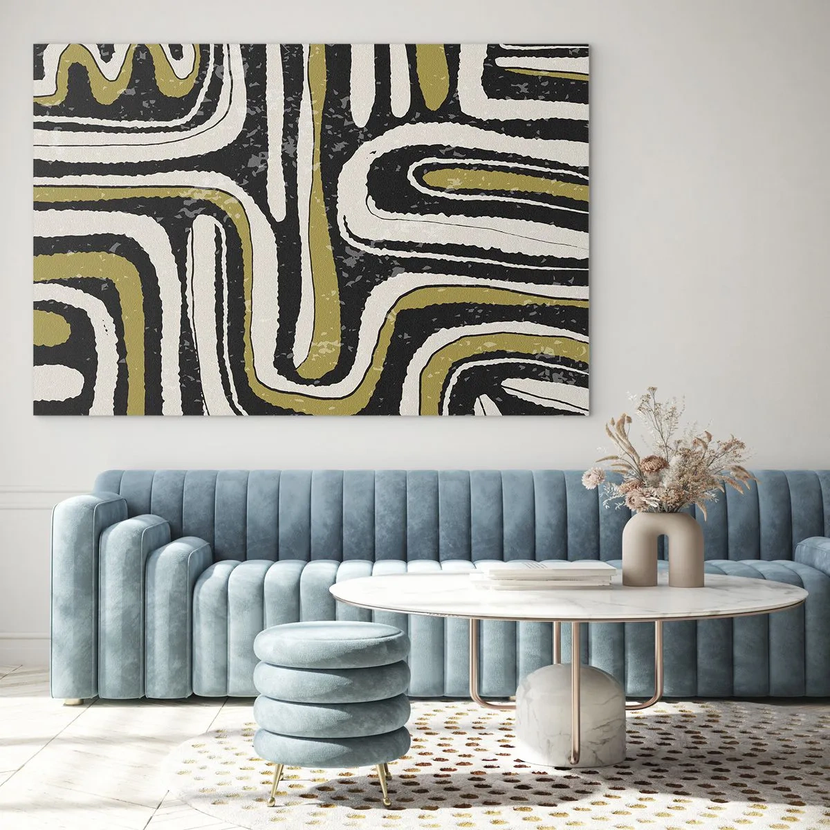 Tablou pe sticlă - Modele abstracte în negru, alb și auriu - 70x50cm - Compoziție: pasaje și alei - Decorațiune modernă pentru perete pentru living și dormitor ARTTOR