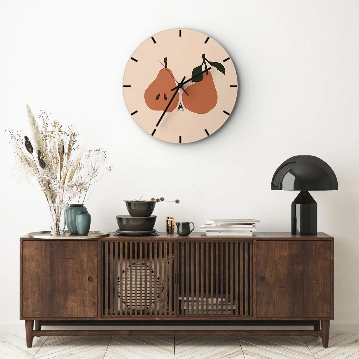 Ceas de perete - Ceas pe sticlă - Două pere în culori calde pe un fundal bej - 30x30cm - Dulceața în sine - Decorațiune modernă pentru perete pentru living, bucătărie și dormitor ARTTOR