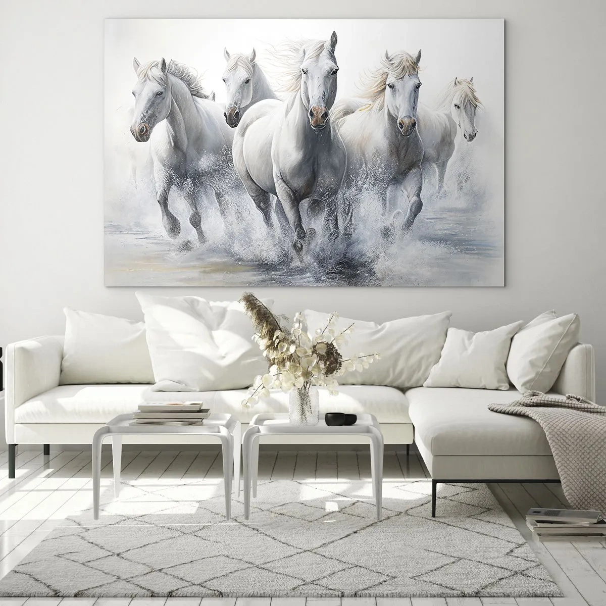 Tablou pe sticlă - Cai albi galopând prin apă într-o compoziție dinamică - 70x50cm - Magie albă - Decorațiune modernă pentru perete pentru living și dormitor ARTTOR