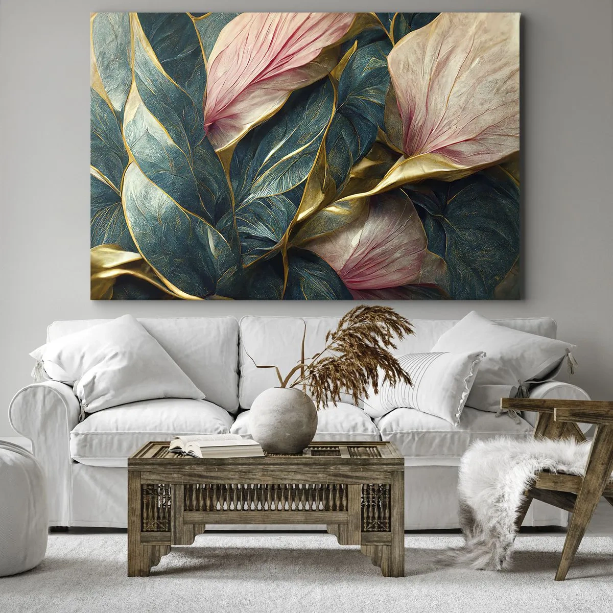 Tablou pe pânză Canvas - Frunze elegante în verde, auriu și roz - 70x50cm - Eleganța naturală și stil - Decorațiune modernă pentru perete pentru living și dormitor ARTTOR