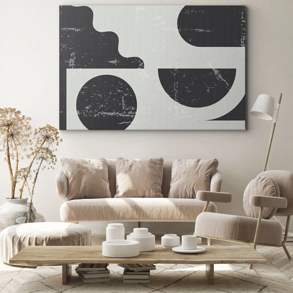 Tablou pe pânză Canvas - Modele geometrice în nuanțe de negru și gri - 70x50cm - Compoziție deasupra și dedesubt - Decorațiune modernă pentru perete pentru living și dormitor ARTTOR