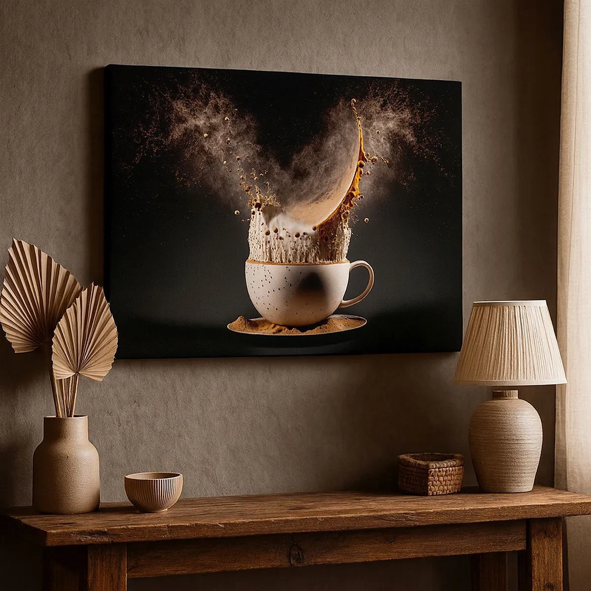 Tablou pe pânză Canvas - O ceașcă de cafea cu o explozie dinamică de lichid pe un fundal negru. - 70x50cm - O explozie de arome - Decorațiune modernă pentru perete pentru living și dormitor ARTTOR