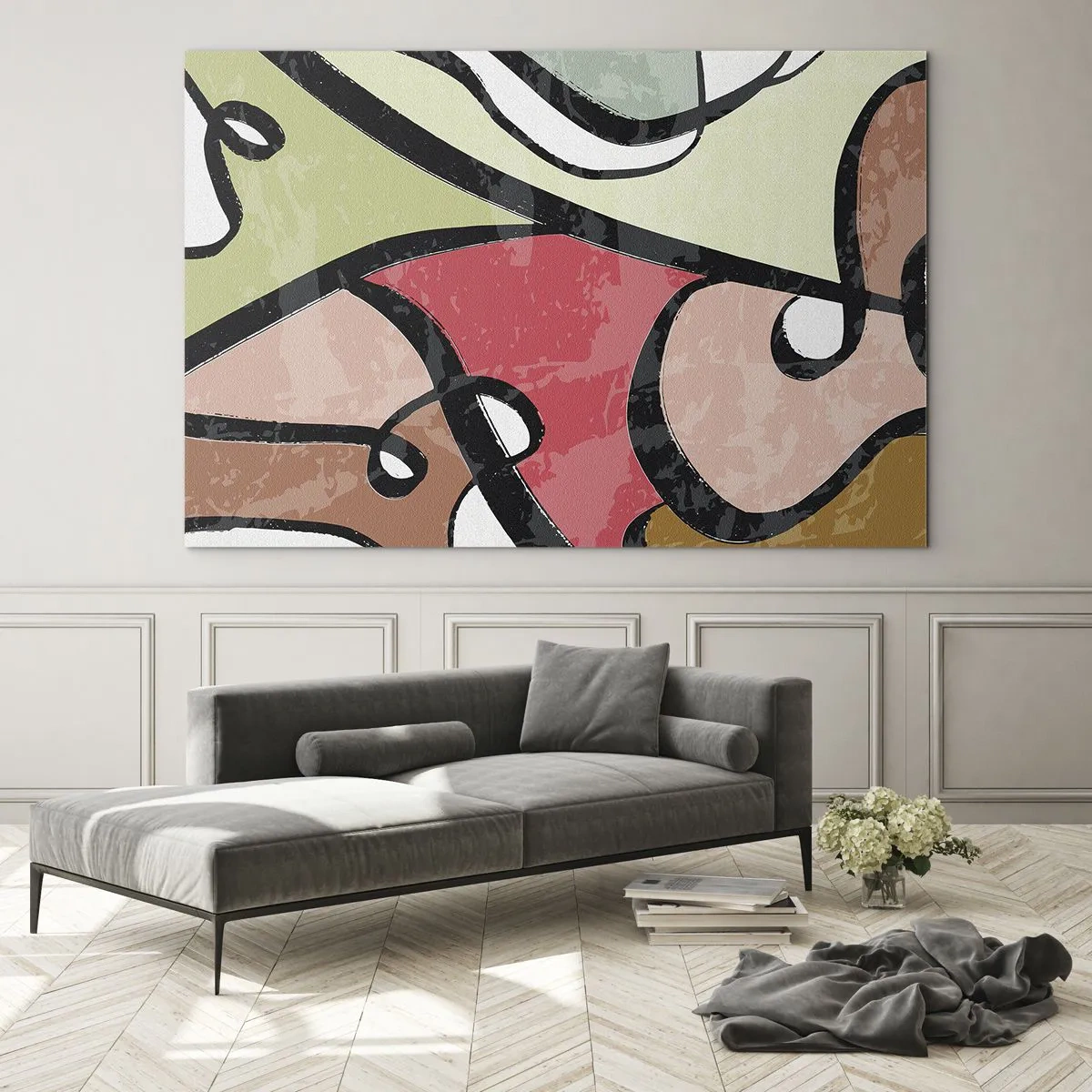 Tablou pe sticlă - Abstracție colorată cu linii negre - 70x50cm - Piruetă printre culori - Decorațiune modernă pentru perete pentru living și dormitor ARTTOR
